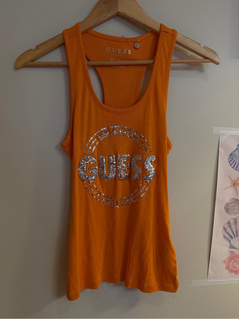 GUESS Orange Sequin Logo Racerback Tank Top